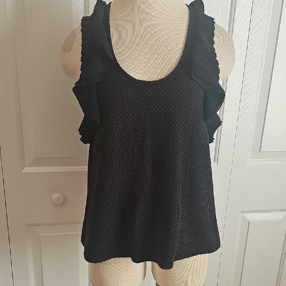 Anthropologie,‎ Deletta Black Waffle Top. Flutter Sleeves. Size Small.